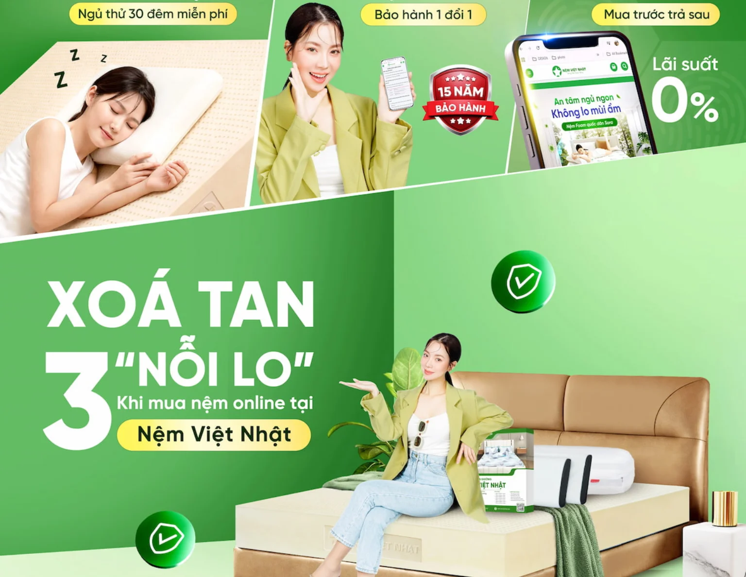 Banner di động chính sách mua hàng Nệm Việt Nhật, giao hàng tận nơi, hỗ trợ khách hàng