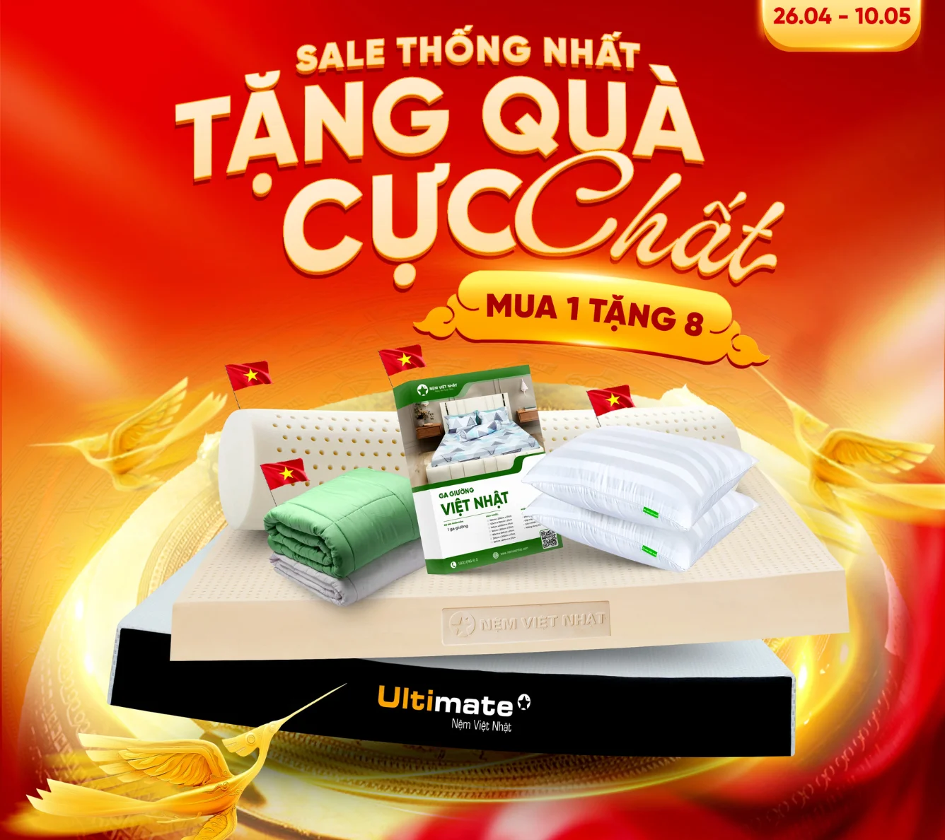 Banner di động nệm cao su thiên nhiên Việt Nhật chính hãng, giảm giá, bảo hành 15 năm